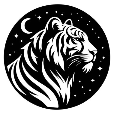 Hilal ay ve yıldızların arka planına karşı bir kaplanın baş profilinin çarpıcı siyah beyaz çizimi.