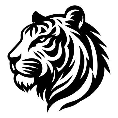 Keskin çizgiler ve dramatik gölgelendirme ile koyu siyah ve beyaz bir tarzda yapılmış, profilli bir kaplan kafası çarpıcı bir illüstrasyon.