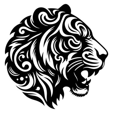 Profilde stilize edilmiş bir kaplan kafası, siyah beyaz ve karmaşık kıvrımlı şekillerde yapılmış..
