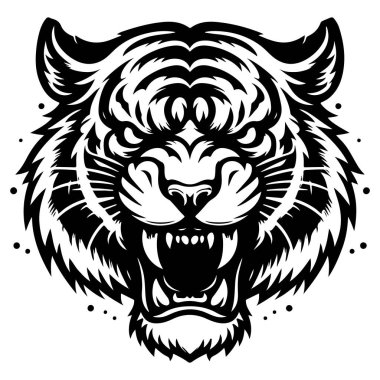 Siyah beyaz vahşi bir kaplan kafası çizimi keskin detaylar ve kükreyen bir ifade sergiliyor..