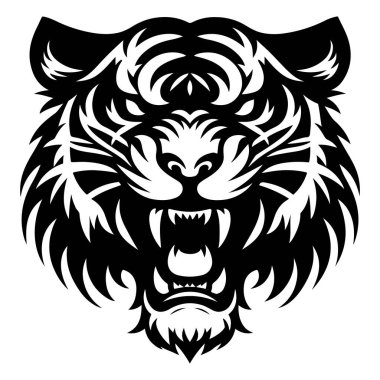 Siyah beyaz vahşi bir kaplan kafası grafiği ve stilize kabile tasarımı. Görüntü cesur ve çarpıcı..