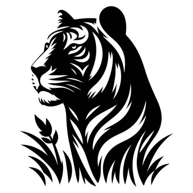 Bir kaplanın başındaki çarpıcı monokrom tasviri, zarif bir şekilde stilize edilmiş bir şekilde şekillendirilmiş çimen zeminine karşı kurulmuştur..