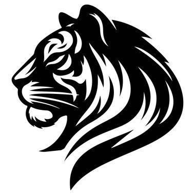 Tipik bir kabile tasarımına sahip bir kaplan kafasının çarpıcı siyah beyaz çizimi..