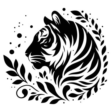 Tarzlı bir kaplan başı profili beyaz arka planda zarif siyah çiçeklerle çevrilidir. Görüntü dairesel biçimdedir.