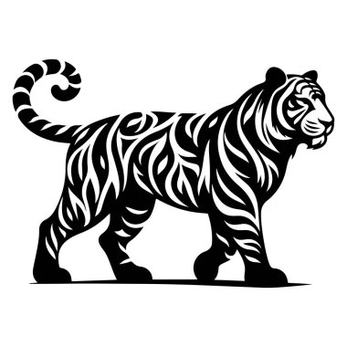 Karmaşık kabile tarzı işaretleri olan vahşi bir kaplan silueti siyah ve beyaz bir resimde resmedilmiştir..
