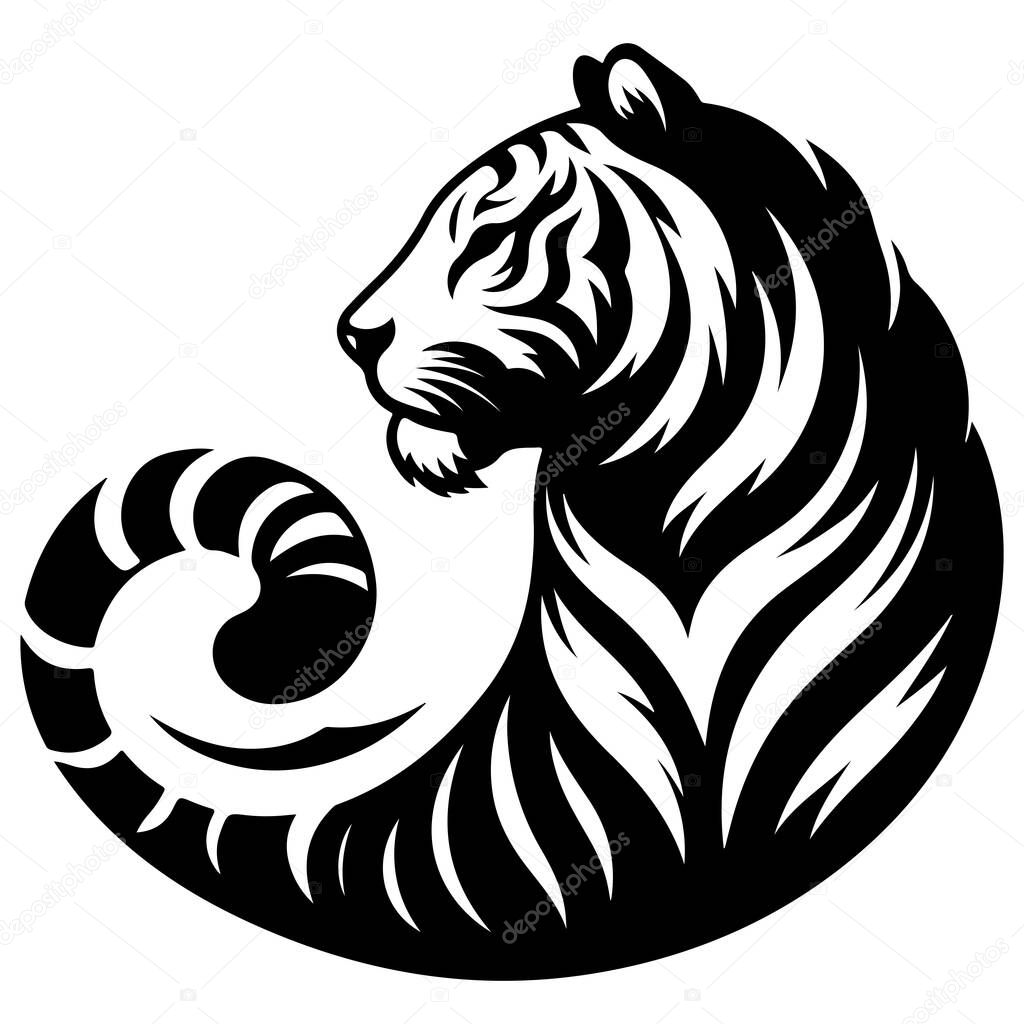 A black and white illustration of a tiger in profile, its tail forming a circular design element.