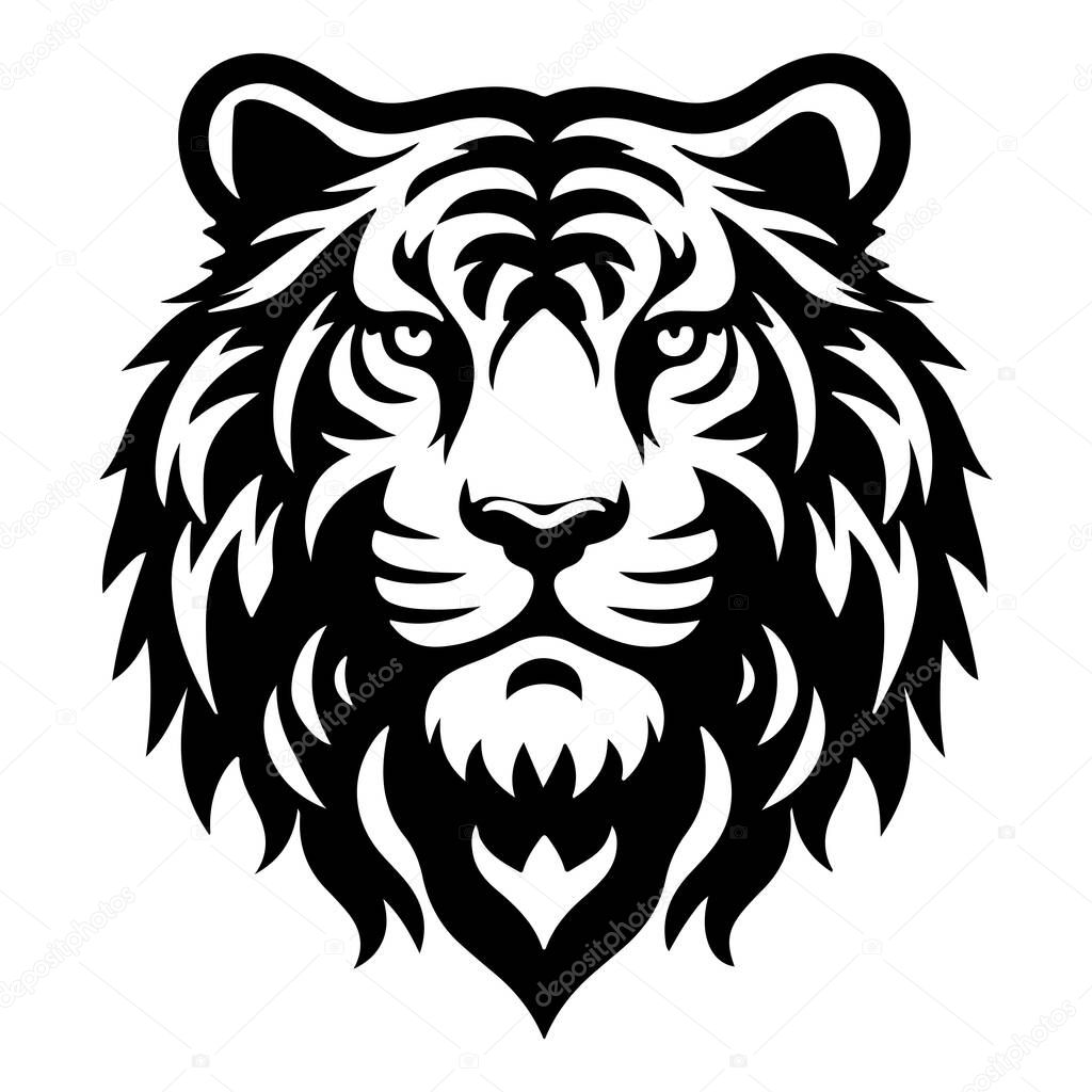 A striking graphic illustration of a tiger's head, rendered in a bold black and white style with intricate details.
