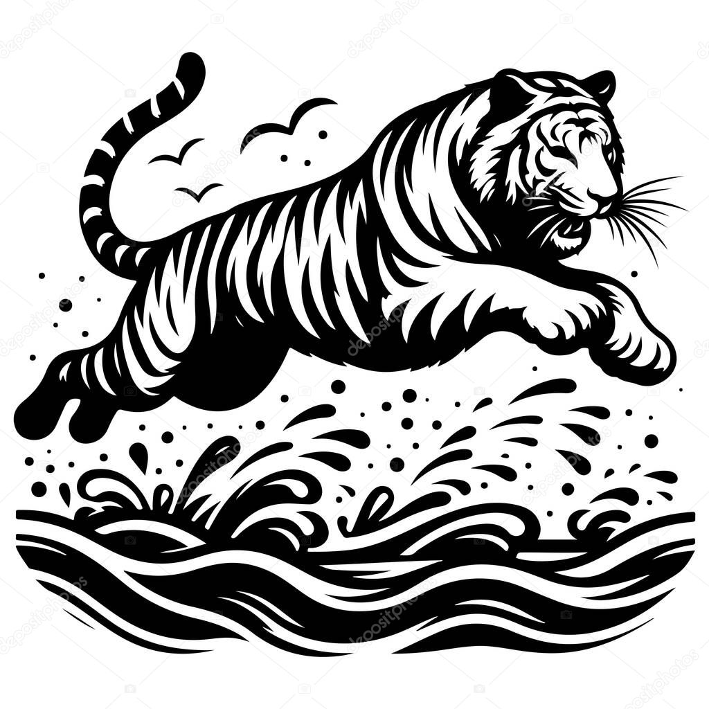 A stylized black and white image depicts a tiger in mid-leap over waves, creating a dynamic and powerful visual.