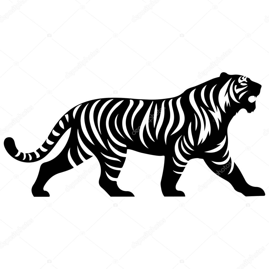A fierce black and white tiger silhouette is depicted walking, its stripes rendered in a stylized manner.