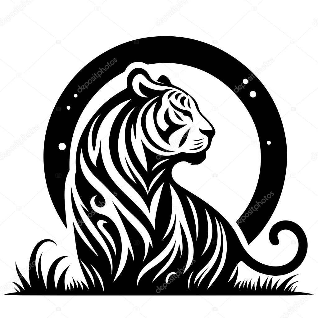 A majestic tiger is depicted in a black and white stylized design, sitting within a circular frame against a grass backdrop.