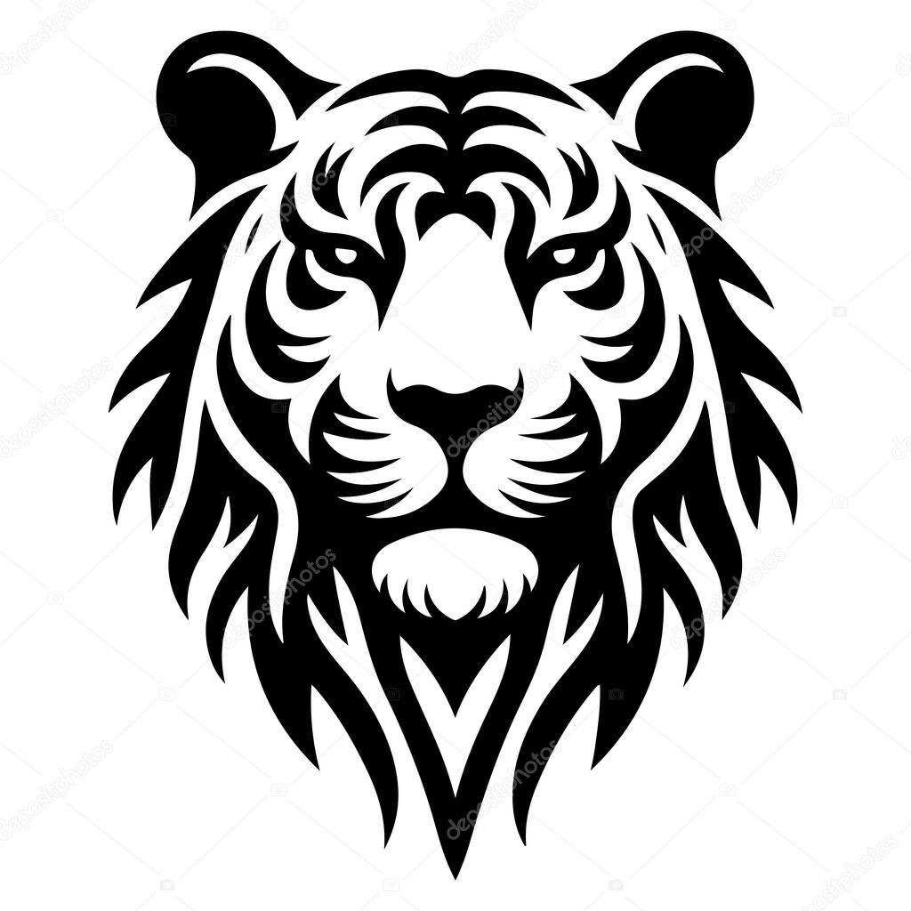 A fierce tiger head illustration in a tribal style, featuring bold black lines and negative space.