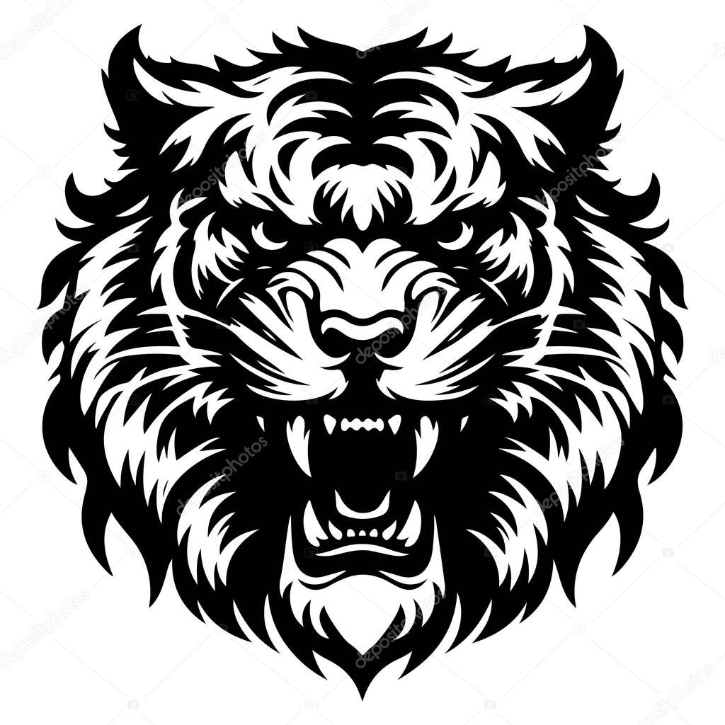 A fierce tiger's head is depicted in a striking black and white illustration, showcasing sharp details and a snarling expression.
