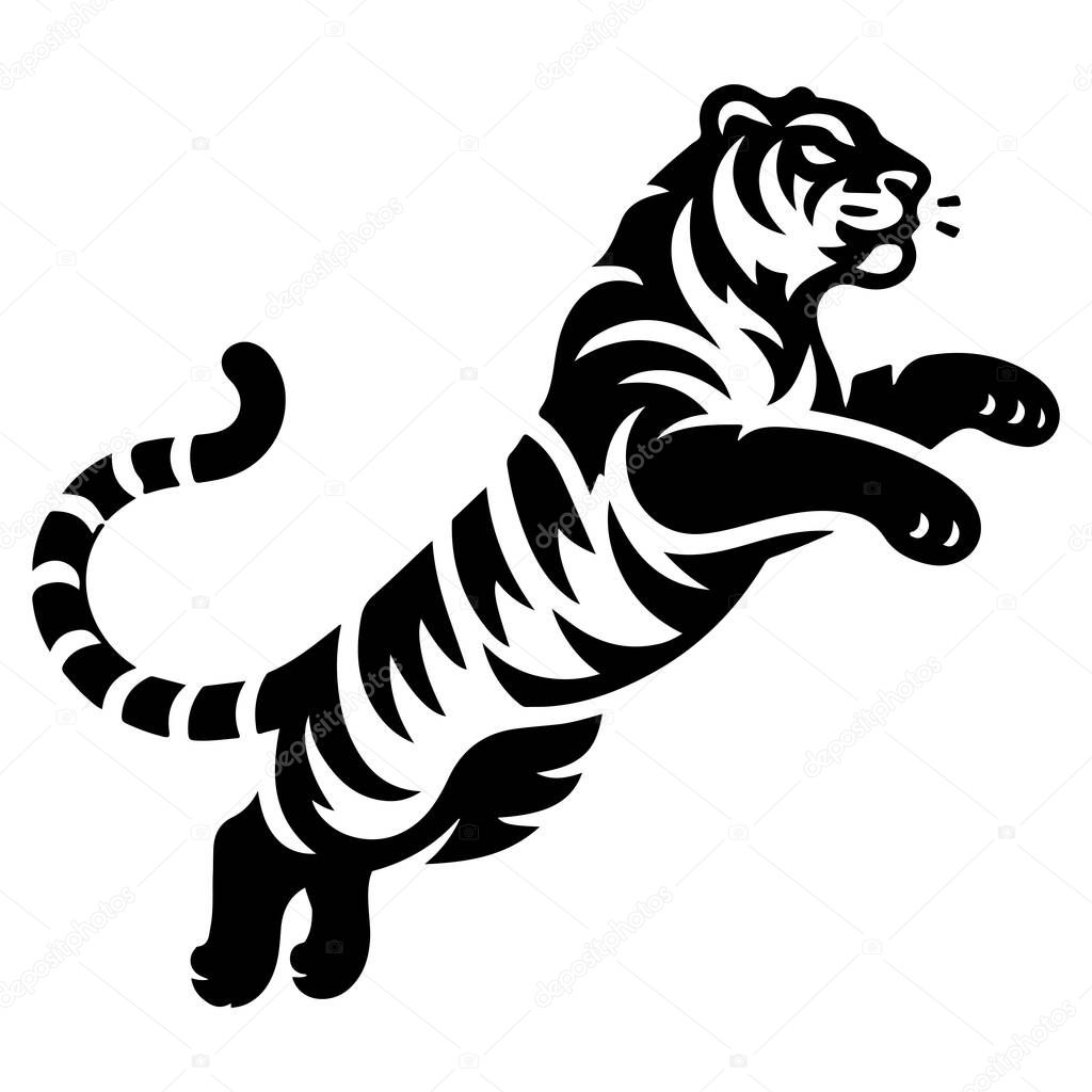 A fierce black and white tiger is depicted in a dynamic leap, showcasing a stylized and powerful design.