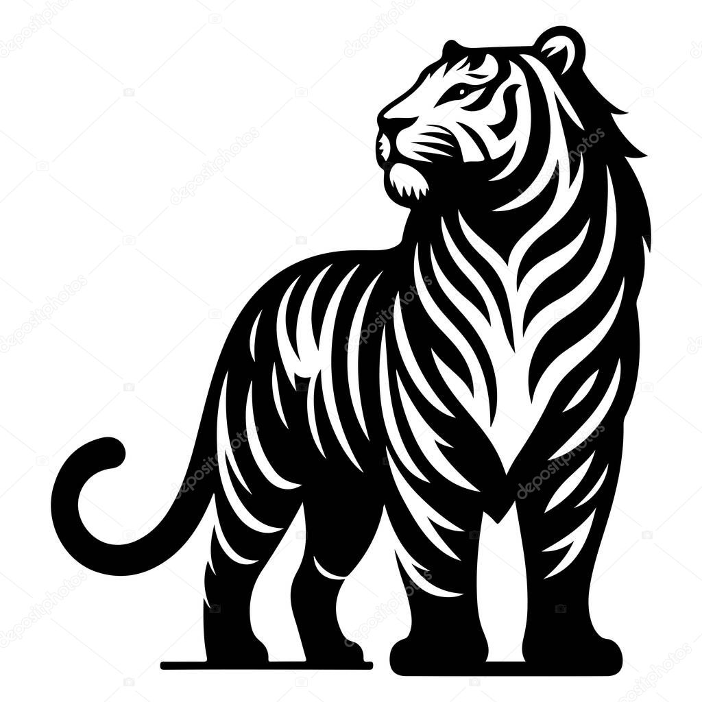 A stylized black and white illustration of a tiger standing proudly, showcasing its powerful form and elegant stripes.