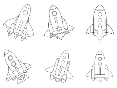 Uzay temalı vektör illüstrasyonu için temiz çizgi sanat tarzına sahip bir logo kümesinde uçan uzay gemileri ve mekik simgeleri