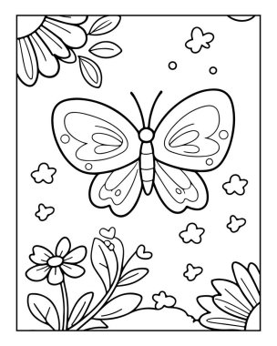 Çiçeklerle çevrili bir Siyah ve Beyaz Kelebek Rahatlamak ve Eğlenmek İçin Bir Renk Sayfası Bırakır