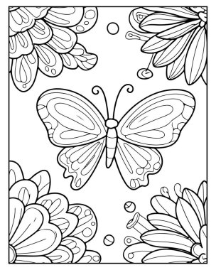 Çiçeklerle çevrili narin bir Kelebek Rahatlama ve Yaratıcı İfade İçin Renkli Bir Kitap Sayfası