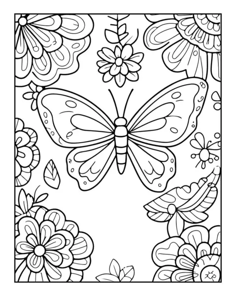 Tuhaf Çiçekler Arasındaki Karmaşık Kelebek Rahatlama ve Yaratıcı İfade İçin Bir Renkli Sayfa Siyah ve Beyaz Sanat