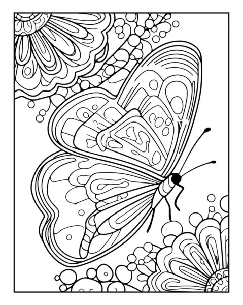 Çiçeklerin Arasında Ayrıntılı Bir Kelebek Yetişkinler ve Çocuklar için Siyah ve Beyaz Renk Sayfası Tasarlıyor