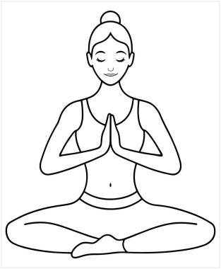 Sakin yogadaki kadın, taslak biçim vektör illüstrasyon sağlıklı sanat eserleriyle çizilmiş barışçıl bir ifade sergiliyor.