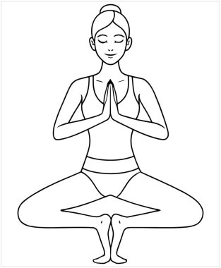 Yoga nilüferinde genç bir kız sakin bir şekilde meditasyon yapıyor basit bir çizgi çiziyor barış ve sakinlik için vektör çizimi yapıyor