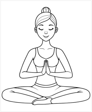 Nilüfer yogasında oturan barışçıl kadın, ana hatları çizilmiş vektör sanat tarzı tasarım formatında meditasyon yapıyor.