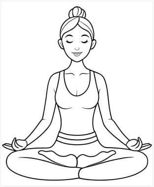 Yoga yapan kadının ana hatları vektör illüstrasyon refahı tarzında barışçıl çizgi çizimi teması oluşturuyor