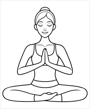 Çizgi film kızı, Lotus Yoga konum çizgisi üzerinde meditasyon yapıyor. Renklendirme ve sakinlik vektör çizimi için sanat.