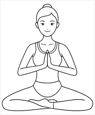 Nilüfer çiçeğinde meditasyon yapan bir kadının basit çizimi barışçıl yoga ve farkındalık vektör çizimi