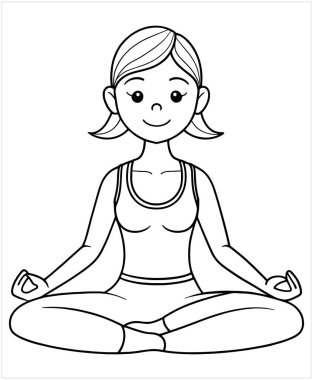 Nilüfer çiçeğinde meditasyon yapan barışçıl kadın, sakin ve odaklanmış illüstrasyon için yoga temalı çizgi çizimi yapıyor.