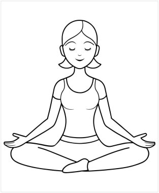 Nilüfer yogası poz çizgisi sanatında meditasyon yapan tatlı bir kız. Çocuk sağlığı aktivite sayfası çizim formatı.