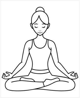 Lotus yogasında oturan kadın, vektör illüstrasyon tasarımı için barışçıl meditasyon çalışması çiziyor.