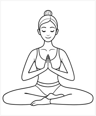 Nilüfer pozisyonunda meditasyon yapan bir kadının basit yoga pozu sakin olmak için barışçıl vektör çizgisi çizimi