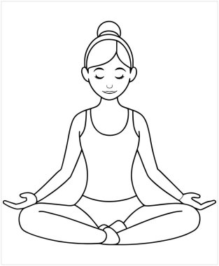 Ağaç poz veren yoga kadını denge çalışması yapıyor ve çizilmiş vektör çizim çizimi tarzında odaklanıyor