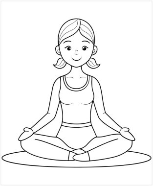 Nilüfer çiçekli huzurlu kadın, sakin odak vektör çizimi için yoga temalı sanat çizimi yapıyor.