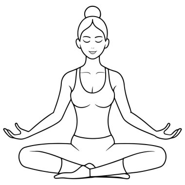 Nilüfer çiçeğinde meditasyon yapan bir kadının çizgi çizimi. Huzurlu bir yaşam tarzı için yoga tasarım vektörü çizimi.