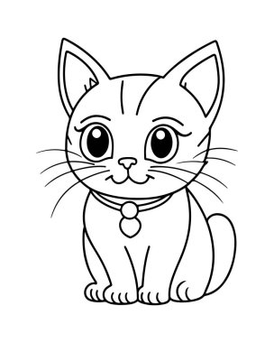 Yakası ve büyük gözleriyle rahatça oturan şirin bir çizgi film kedisi.