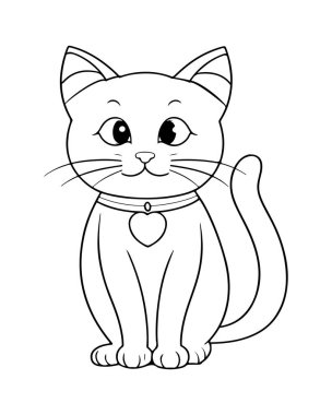 Yaka boyası sayfasında kalp şeklinde bir kolyesi olan sevimli bir kedi.