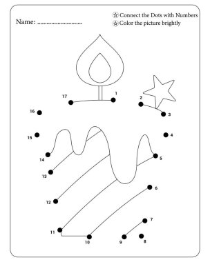 Mum ve yıldız nokta çalışma tablosunu çocuklar için numaralandırılmış rehberle birleştiriyor. Vektör illüstrasyon tarzında şenlik eğlencesi