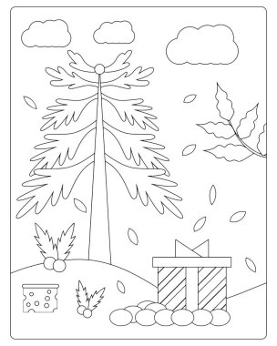 Noel hediyesi renklendirme sayfası neşeli bir tatil vektör çizimi ile süslenmiş.