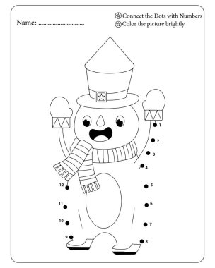 Şirin kardan adam nokta etkinlik sayfasını çocuklar için numaralandırılmış bulmaca ile birleştir.