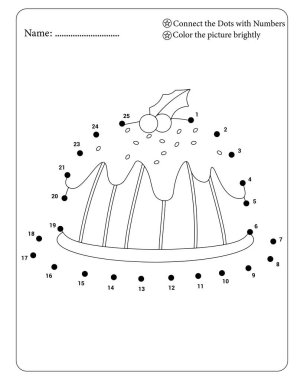 Noel pudingi Noktalar etkinlik sayfasını çocuklar için numaralandırılmış rehberle birleştiriyor.