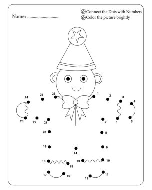 Sevimli palyaço nokta bulmaca çalışma tablosunu eğlenceli çocuklar için vektör çizim biçimi etkinliği numaralarıyla birleştiriyor