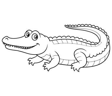 Mutlu timsah boyama sayfası. Çizimlerde çocukların eğlenmesi için hayvan resimleri var.