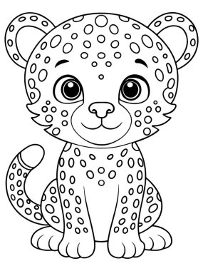 Leopar yavrusu Amur boyama sayfasında çocukların eğlenmesi için sevimli hayvan sanatı var.