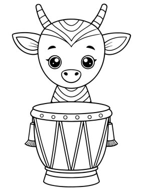 Keçi, çocukların eğlencesi için yapılmış şirin hayvan sanatı ile davul boyama sayfası çalıyor.