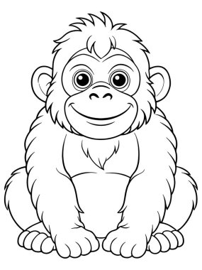 Goril bebek boyama sayfasında çocukların eğlenmesi için yapılmış sevimli primat sanatı sergileniyor.