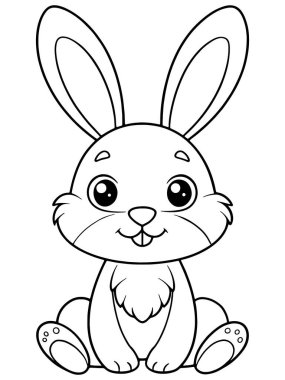 Tavşan boyama sayfasında çocukların eğlenmesi için yapılmış şirin hayvan çizimleri var.