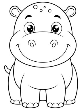 Hippopotamus çizgi film boyama sayfasında çocuklar için mutlu hayvan resimleri var.