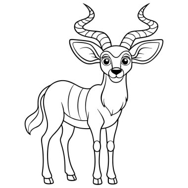 Çizgi sanatı ve çocuklar için sevimli hayvan resimleriyle dolu Kudu boyama sayfası
